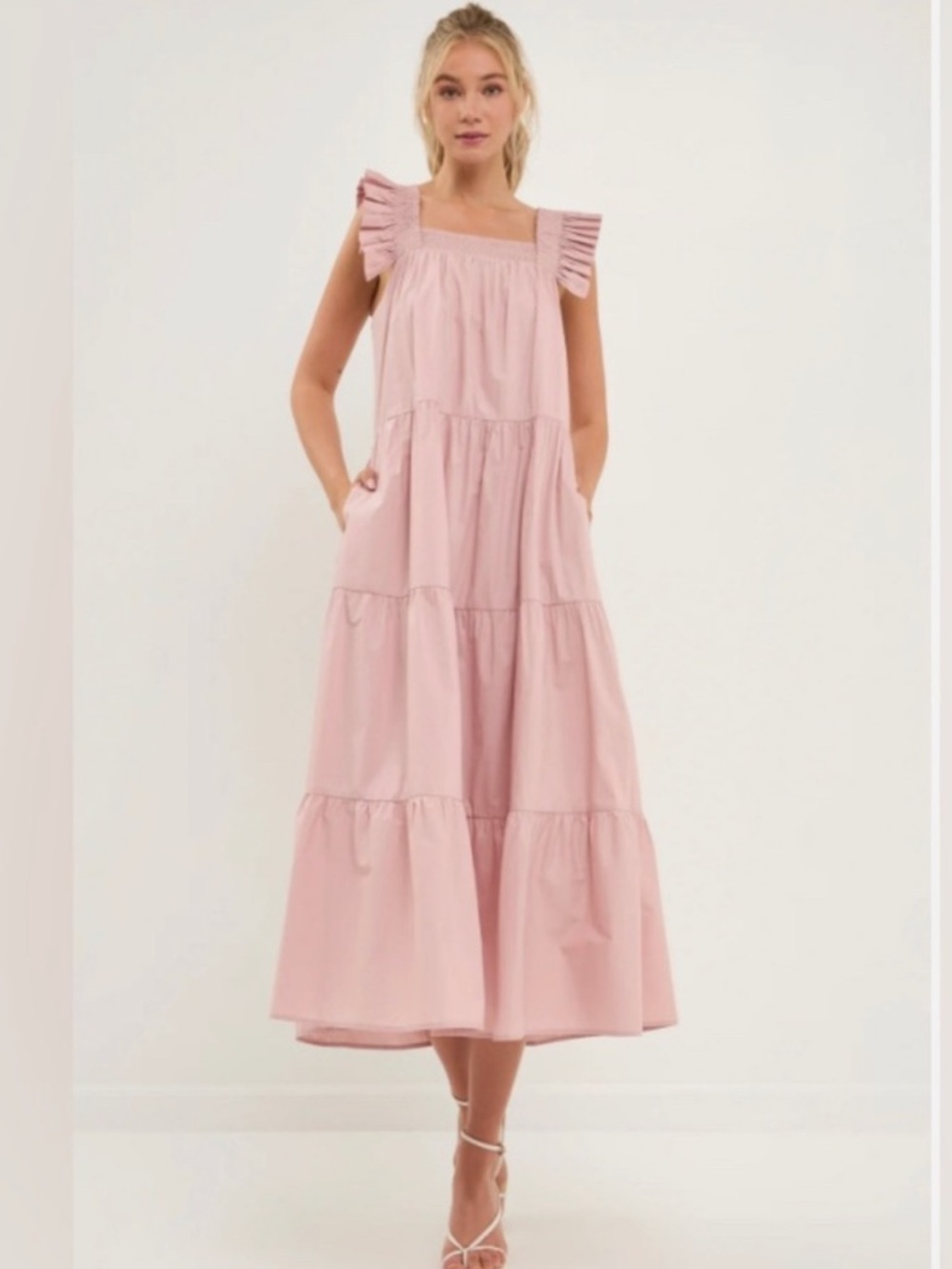 English Factory Pink Ruffle Strap Tiered Midi Dress